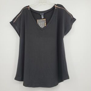 Bae City Women's Sz 1X Top Black Knit‎ Zippered Shoulders Y2K Goth Punk Grunge